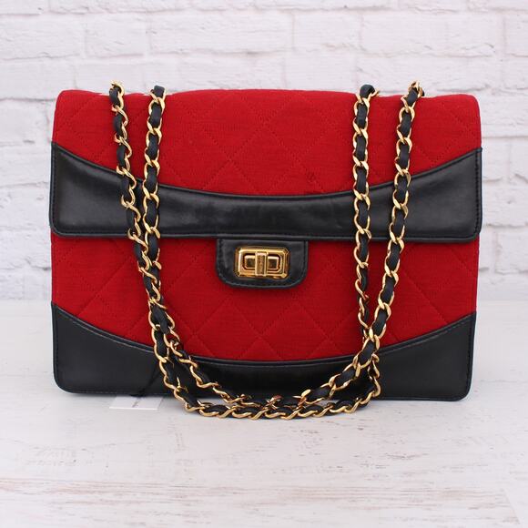 Chanel Double Chain Shoulder Bag Quilted Red Jersey Handbag Leather A4033 - Picture 1 of 12